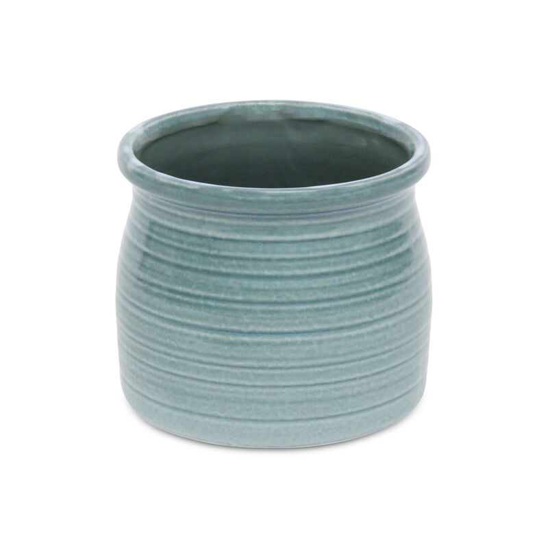 HomeRoots Blue Ceramic 22 Ounce Striped Round Distressed Pot Planter image number 2