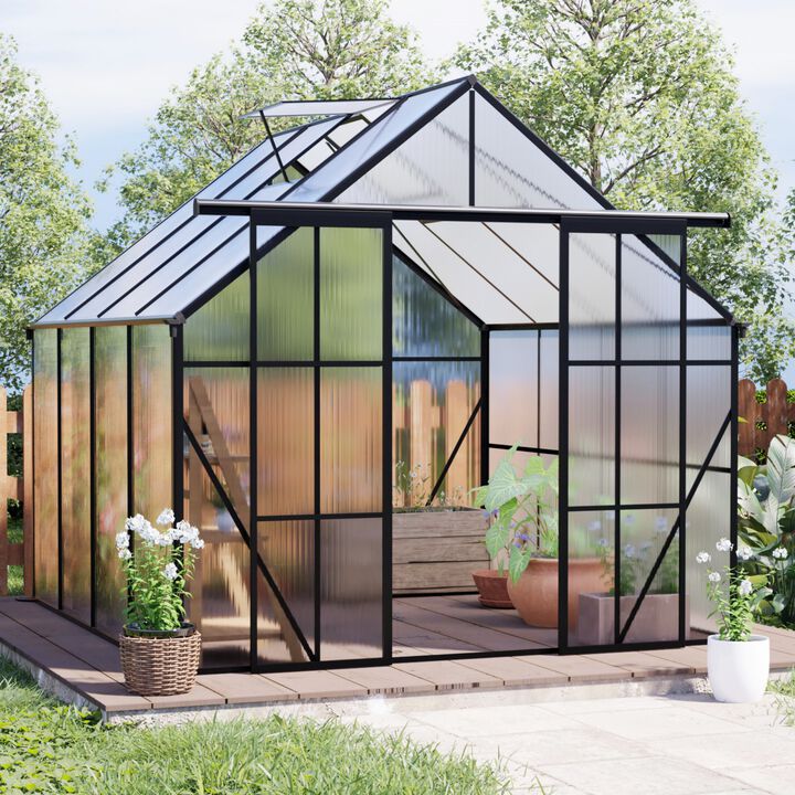 8x8 FT Double Door Polycarbonate Greenhouse Raised Bas&Anchor Aluminum Heavy Duty Walk-in Greenhouse