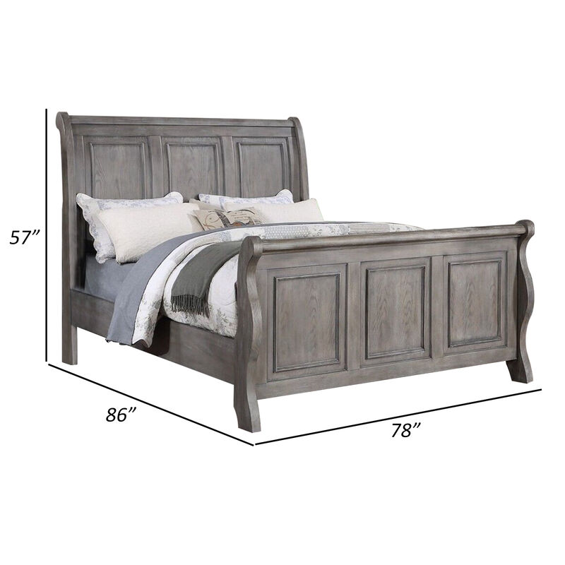 Demi King Size Bed, Sleigh Headboard, Tri Panel Molding, Oak Gray Wood - Benzara