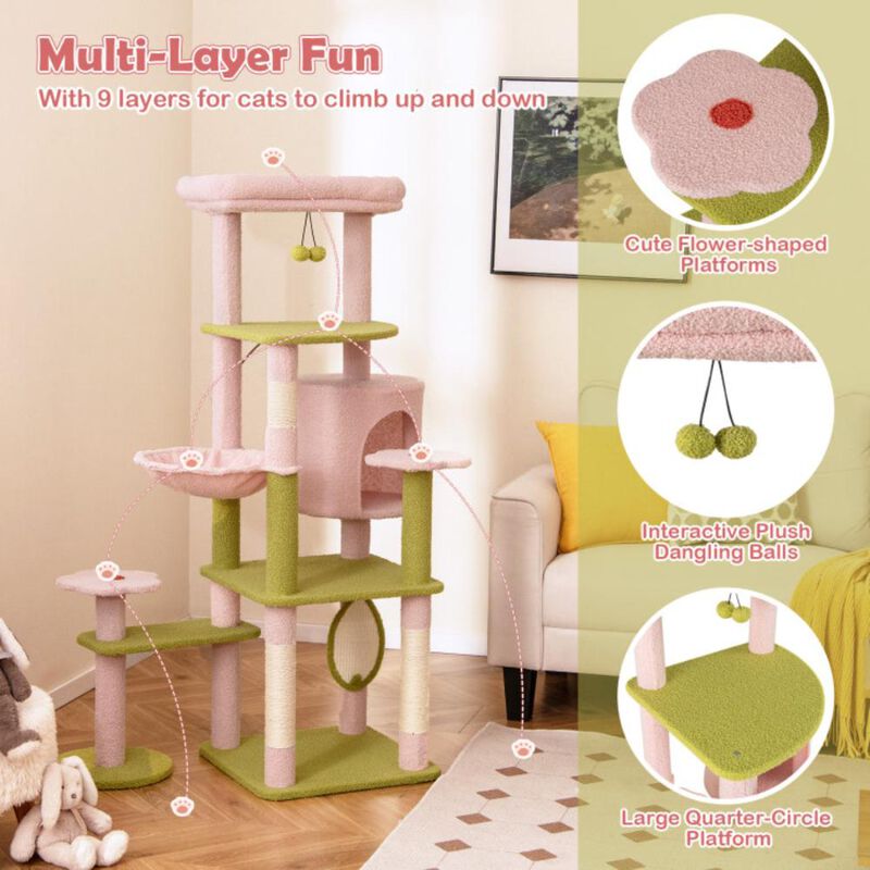 Hivvago 58 Inch Tall Multi-Level Cat Tree Aesthetic Floral Kitten Tower