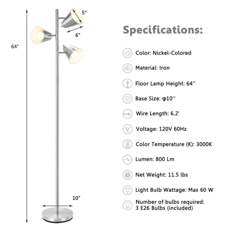 Hivvago 64 Inch 3-Light LED Floor Lamp Reading Light for Living Room Bedroom-Silver