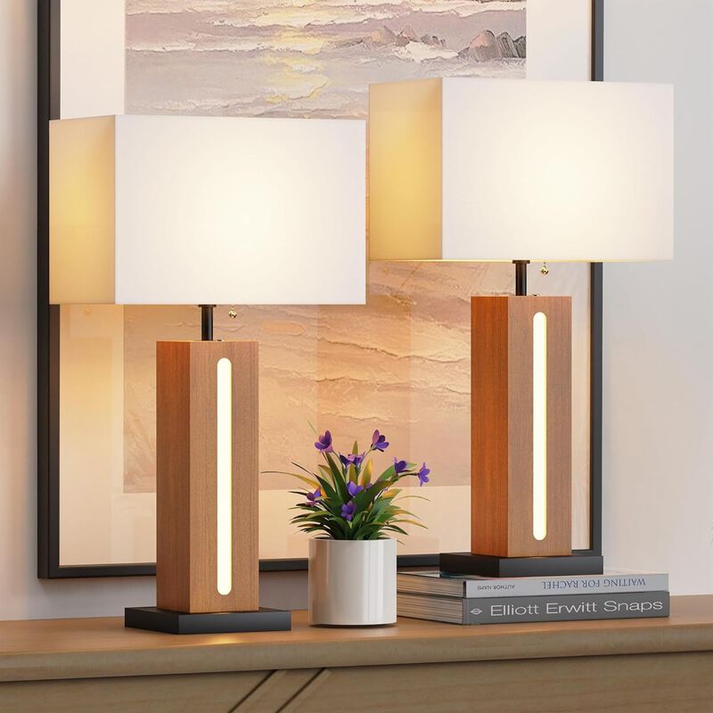ELEMENT ACE Set of 2 Modern Dimmable Bedside Table Lamps with LED Nightlight, Rustic Farmhouse Nightstand Lamps with Linen Shades for Bedroom Living Room End Table image number 1