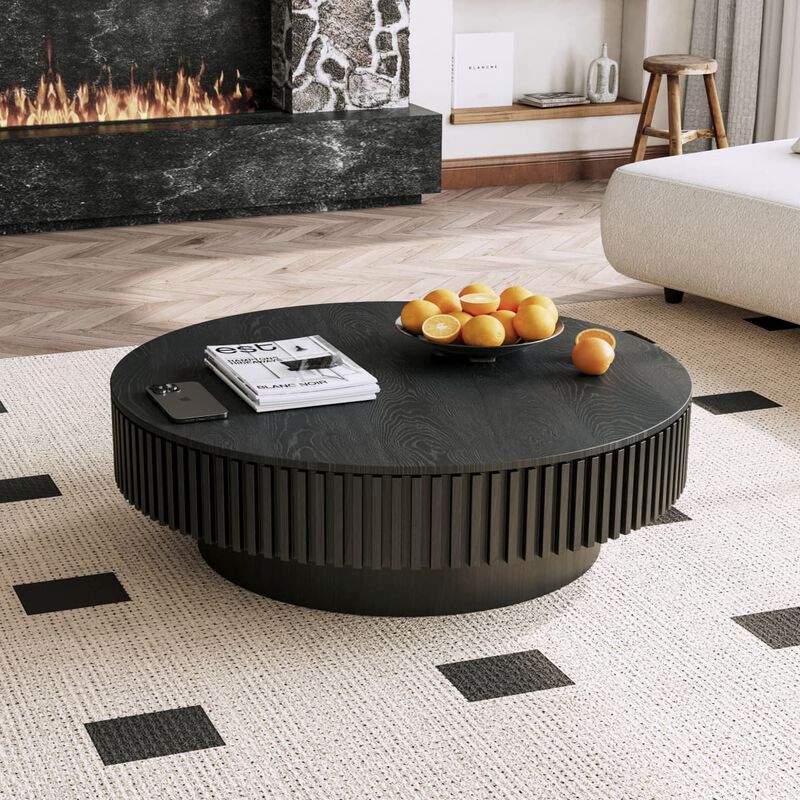 Round coffee table with storage Solid wood veneer and MDF coffee table with fluted base Modern accent coffee table for living room image number 1