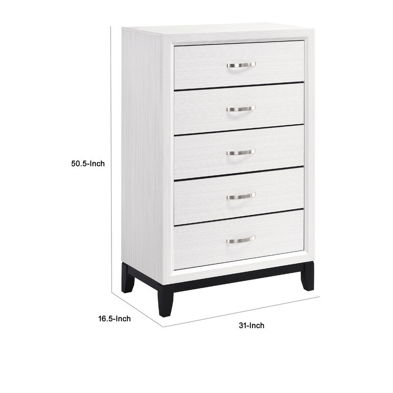 Ameya Tall Dresser Chest, 5 Drawers w Chrome Handles, White and Black - Benzara