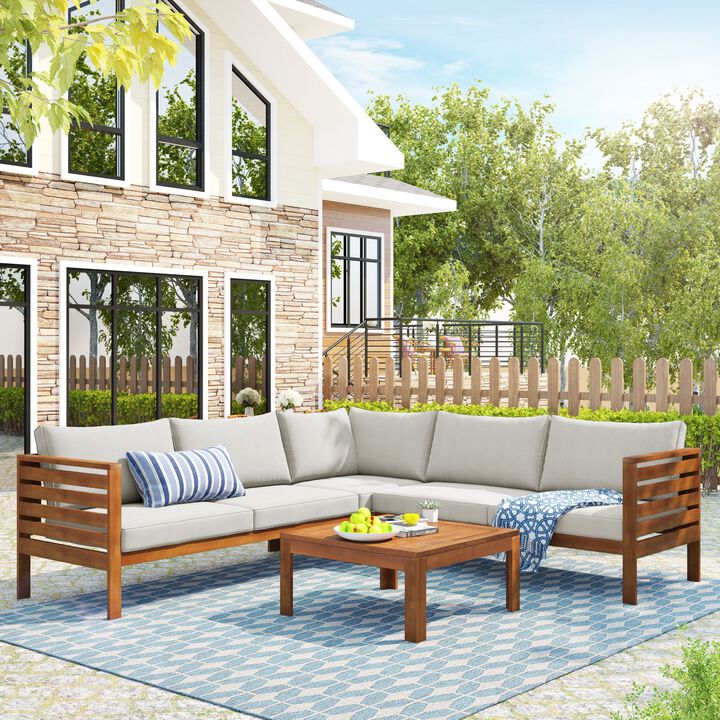 Whisen Wood Structure Outdoor Sofa Set with beige Cushions, Water-resistant and UV Protected texture