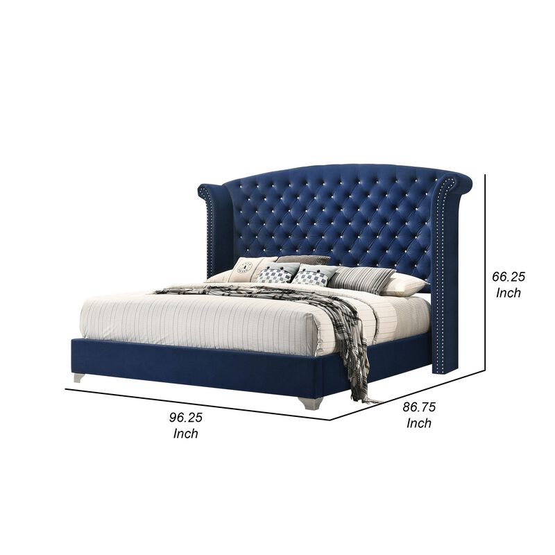 Giya Wingback King Bed, Tufted Headboard, Pacific Blue Velvet Upholstery - Benzara