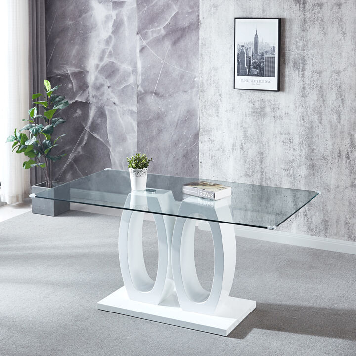 Modern Design Wood Dining Table with White Finish, Clear Glass Top