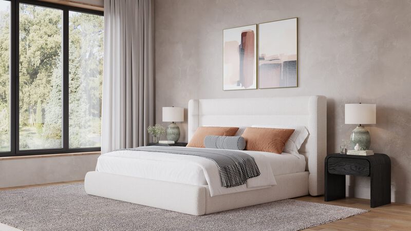 Frank Upholstered Wingback Platform Bed in Cottage Cheese Boucle