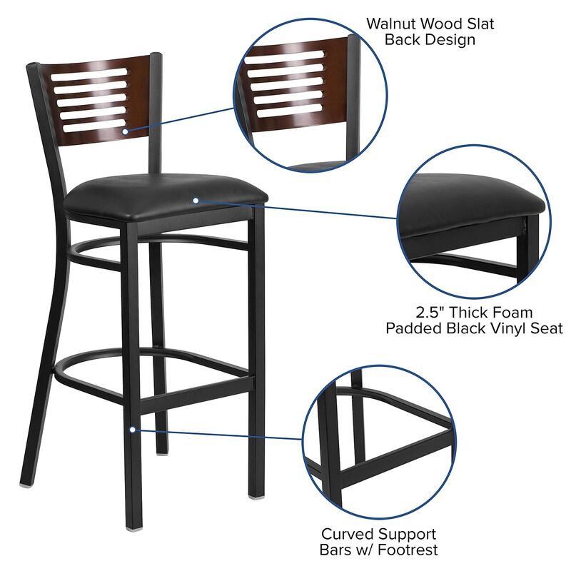 Flash Furniture HERCULES Series Black Slat Back Metal Restaurant Barstool - Walnut Wood Back, Black Vinyl Seat