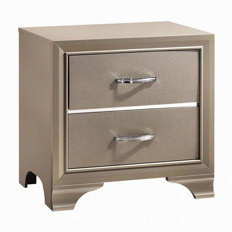 Contemporary Nightstand, 2 Drawers, Chrome Metal Pulls, Champagne Gold-Benzara