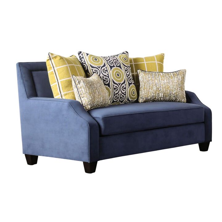 Omis Loveseat, Navy Blue Velvet, 5 Accent Pillows, Solid Wood, 65 Inch - Benzara - Benzara