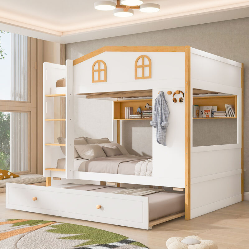 Merax House-Shaped Bunk Bed with Storage Shelves, Side Hooks & Pull-Out Trundle image number 1