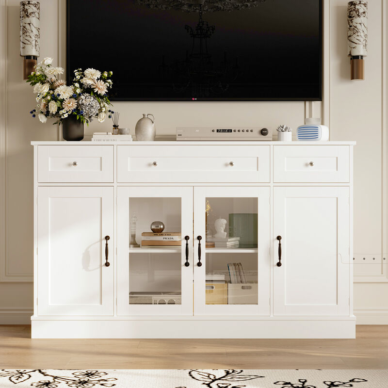 FUFU&GAGA Modern TV Stand for for TVs up to 50 Inches with 3 Drawers, 2 Wood & 2 Glass Doors, Black Retro Handles, (55.1 in. W x 15.6 in. D x 33.5 in. H), White image number 1