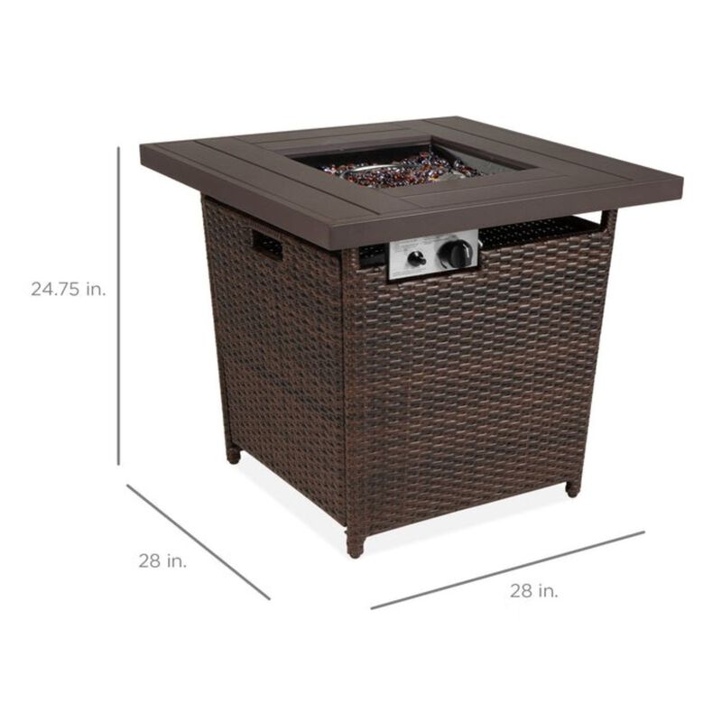 Hivvago Brown Resin Wicker Fire Pit LP Gas Propane w/ Faux Wood Tabletop and Cover