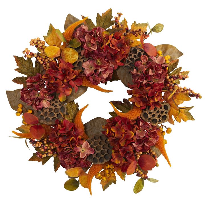 Nearly Natural 24-in Fall Hydrangea, Lotus and Berries Artificial Wreath