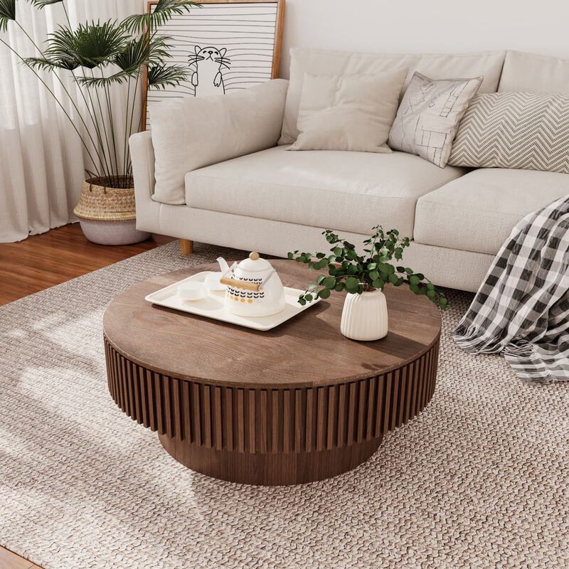 Round coffee table with storage Solid wood veneer and MDF coffee table with fluted base Modern accent coffee table for small spaces image number 5