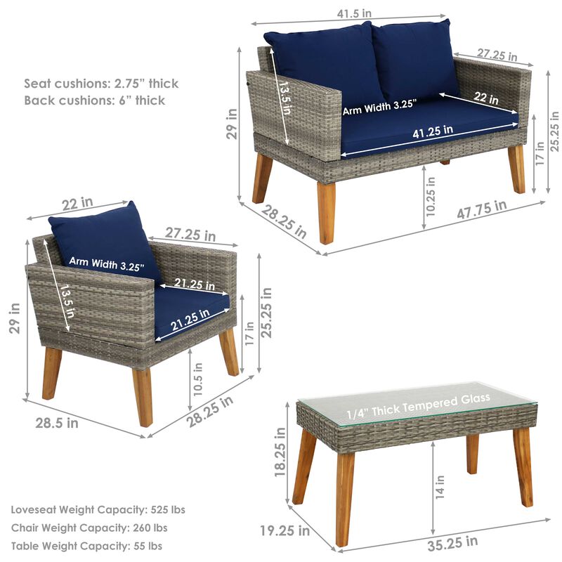 Sunnydaze Clifdon Rattan and Acacia 4-Piece Patio Conversation Set - Blue image number 4