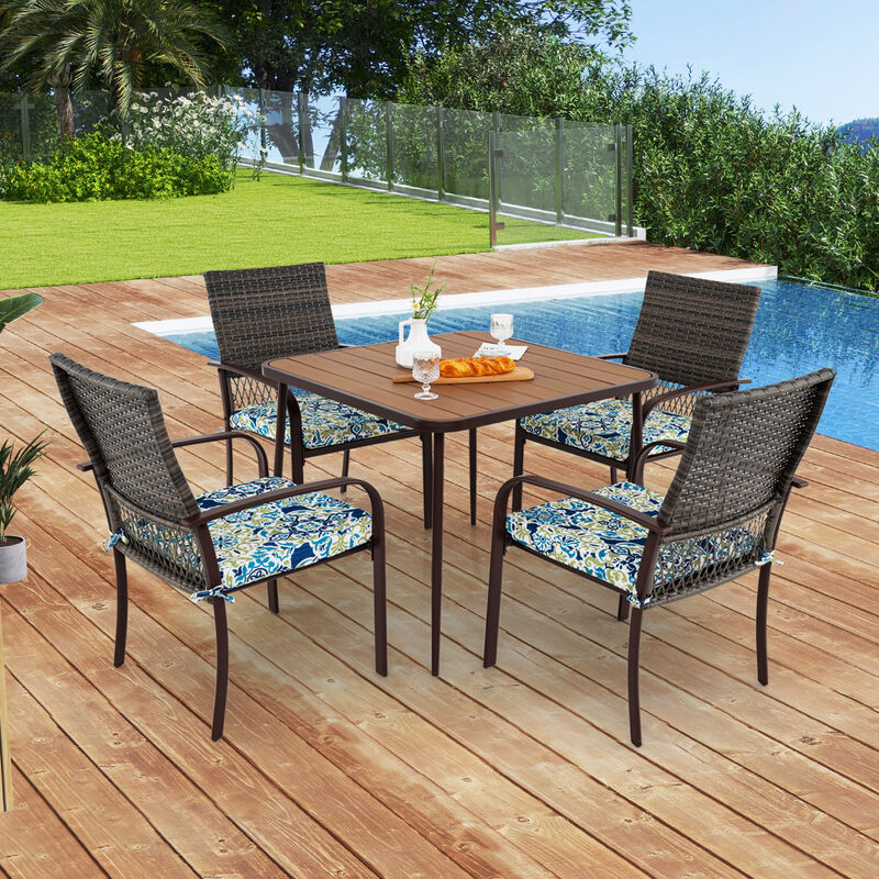 Outdoor 5-Piece Dining Set – 4 Rattan Armchairs with Cushions & Square Table