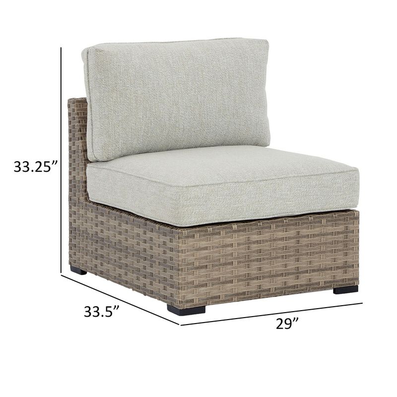 Walter 34 Inch Outdoor Armless Chair Set of 2, Wicker, Beige Fabric Cushion - Benzara