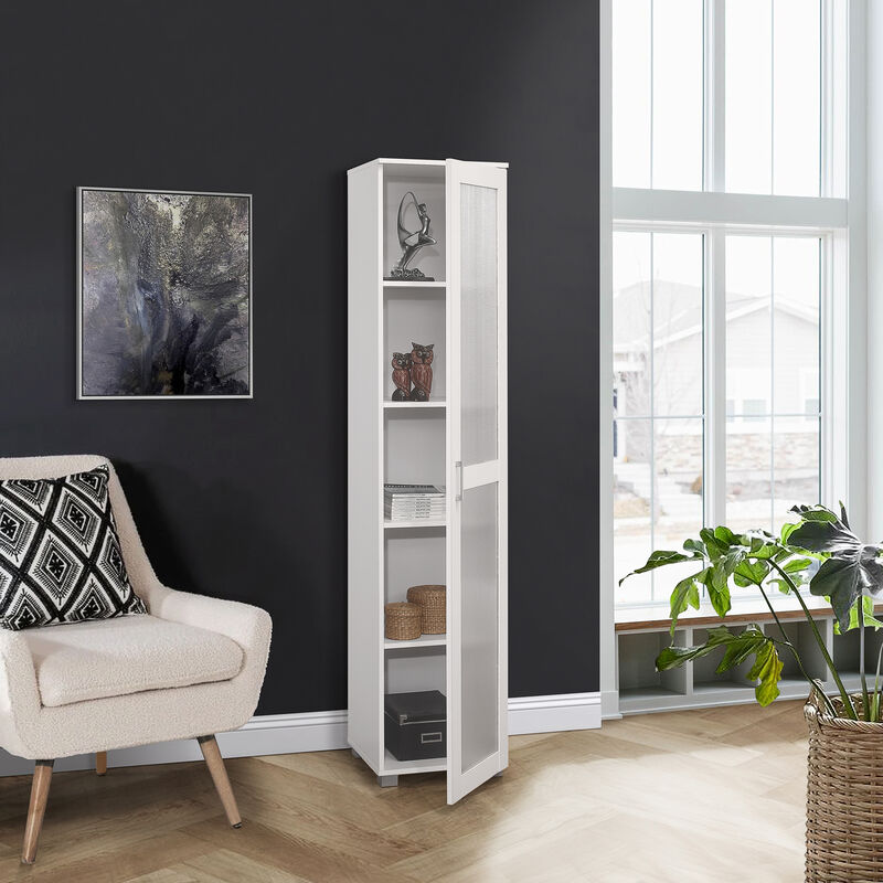 Kings Brand Furniture Romero Tall Curio Storage Cabinet - Tall Bookshelf Perfect for Living Room, Kitchen, Bedroom & Office - Storage Cabinet with 5 Storage Shelving & 1 Glass Door Display