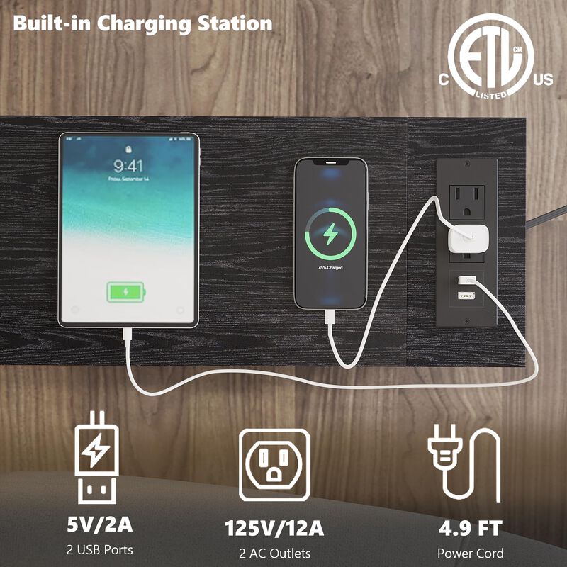 TRIFEBLE End Table with Charging Station, Narrow Side Table with 3 Fabric Drawers, Skinny Nightstand with LED Light, Slim Bedsid