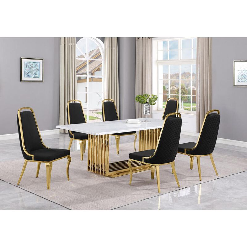 7pc Small(68") marble top dining set with gold base and 6 Black side chairs