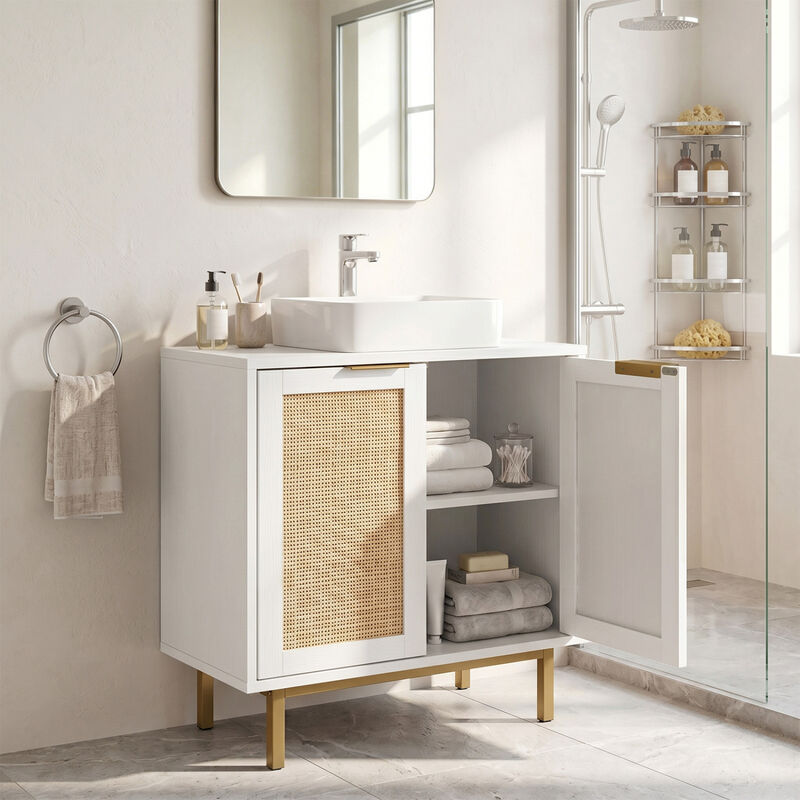 Modern Bathroom Vanity Cabinet with Rattan Doors and Cut-Out image number 6