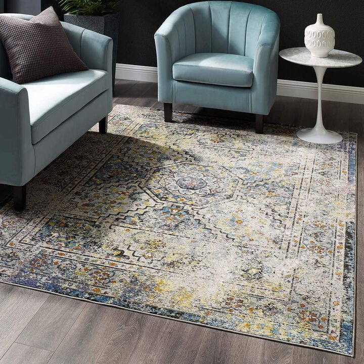 Modway Success Jacinda Distressed Vintage Floral Persian Medallion Area Rug, 5x8, Multicolored