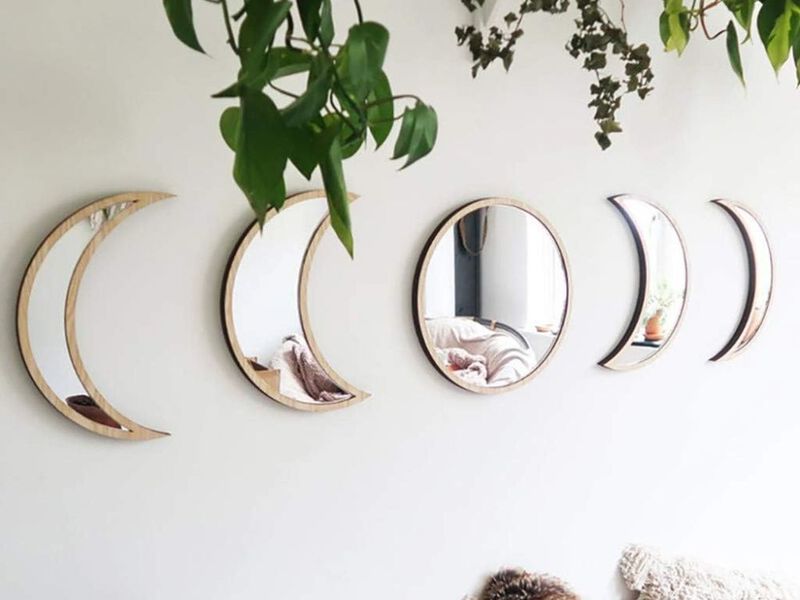5-Piece Moon Phase Wall Decor &ndash; Beige Acrylic Boho Mirror Set
