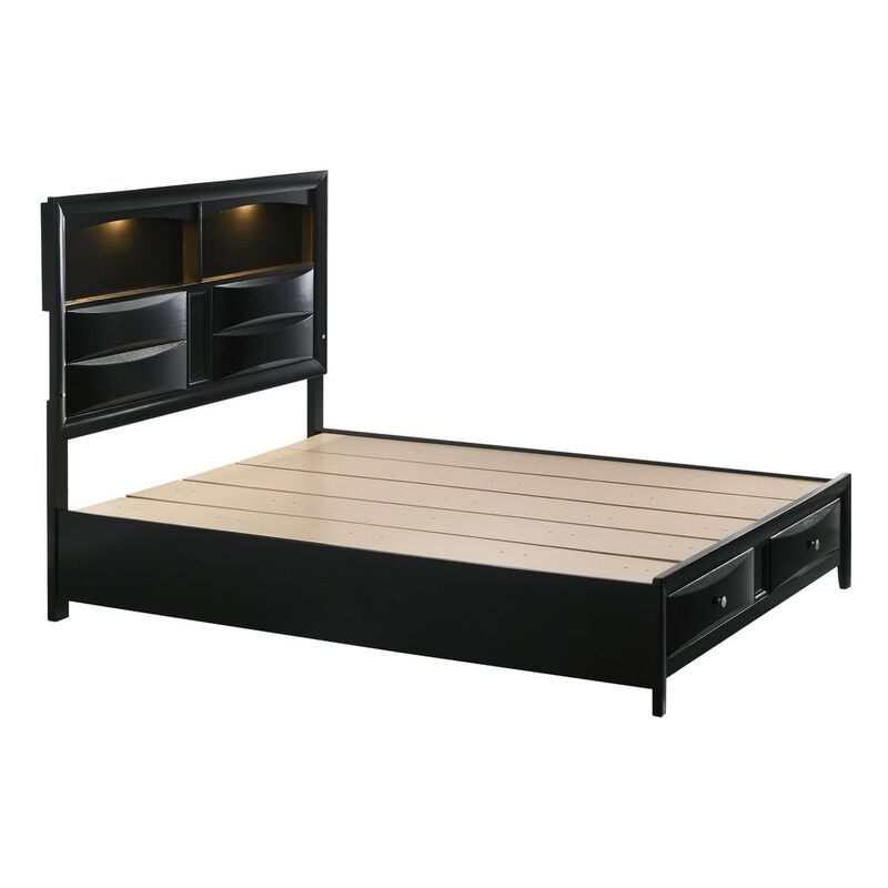 Benjara Flash King Size Bed, 2 Storage Drawers, Shelves, Black Wood, LED Headboard