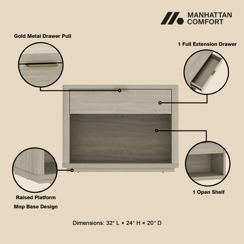 Evelyn Wide 1-Drawer Nightstand in Gray