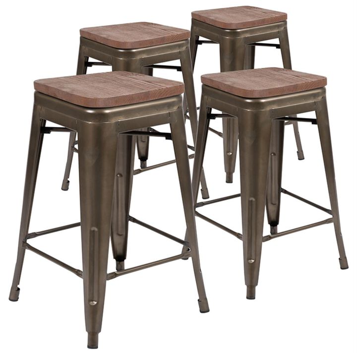 Flash Furniture 24" High Metal Counter-Height, Indoor Bar Stool with Wood Seat in Gun Metal Gray - Stackable Set of 4