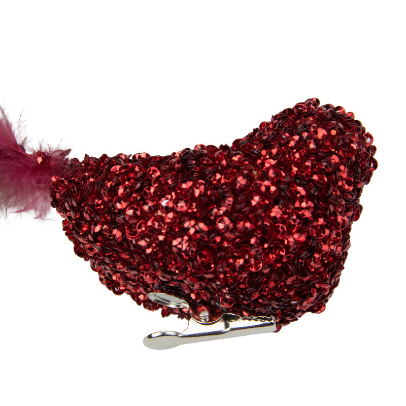 6" Red Sequined Bird with Feather Tail Christmas Ornament with Clip image number 4