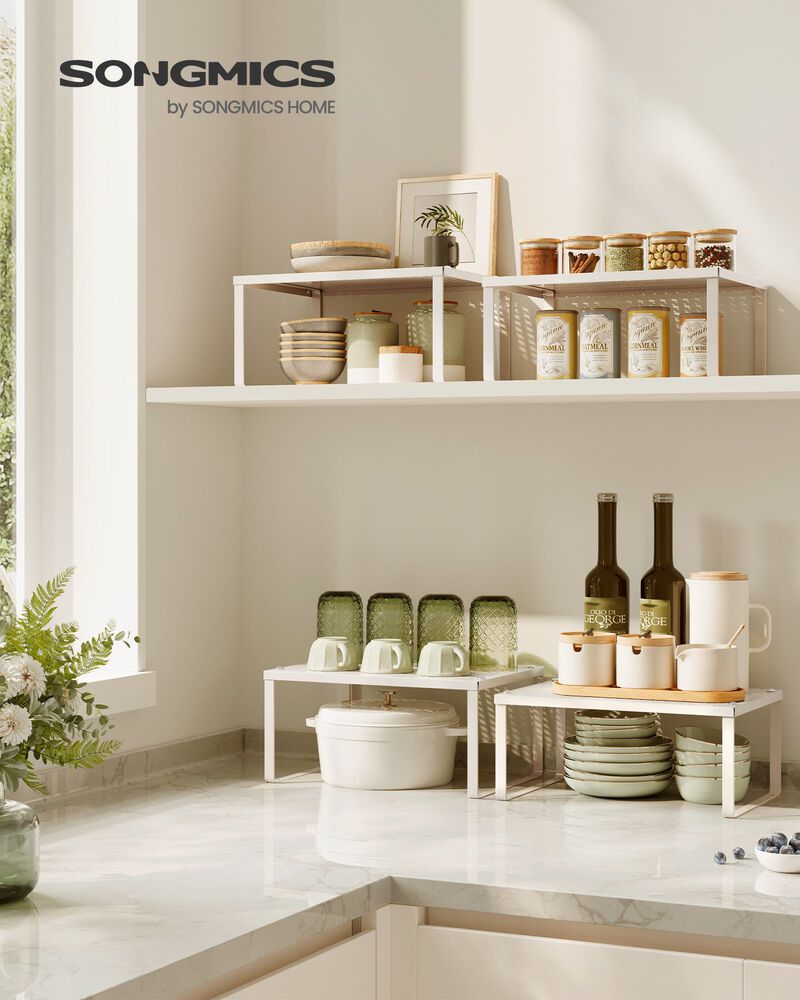 Stackable Metal Spice Rack Organizers - Set of 4 Expandable Cabinet Shelves for Kitchen