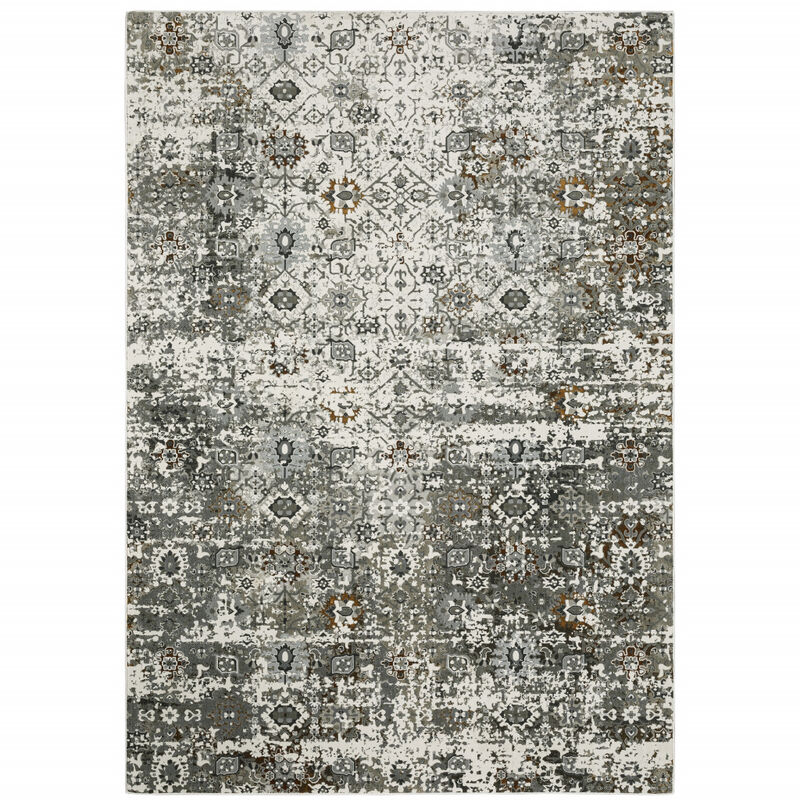 5 X 8 Ivory grey charcoal Rust gold And Brown Oriental Power Loom Stain Resistant Area Rug
