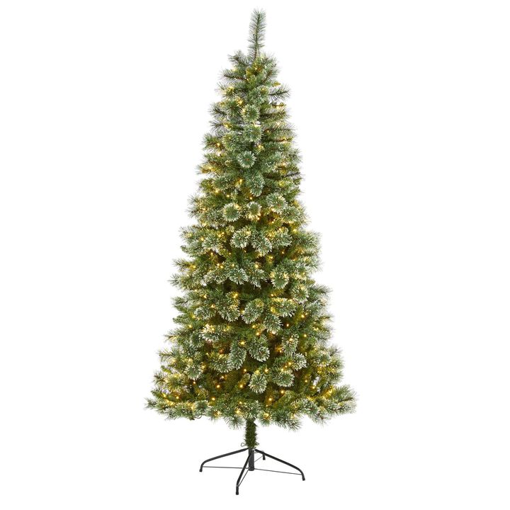 Nearly Natural Wisconsin Slim Snow Tip Pine Artificial Christmas Tree with Clear LED Lights