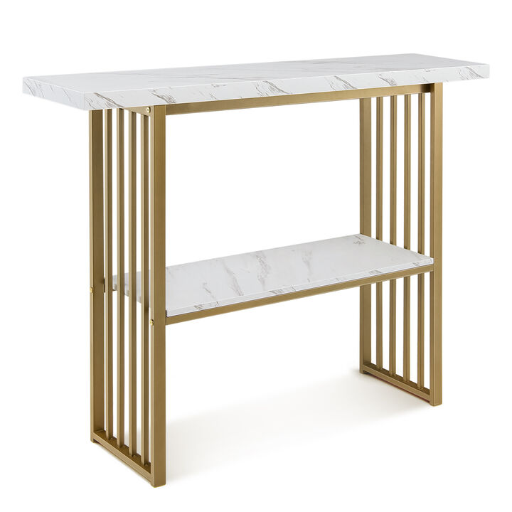 48 Inch 2-Tier Console Table with Gold Finished Frame-White