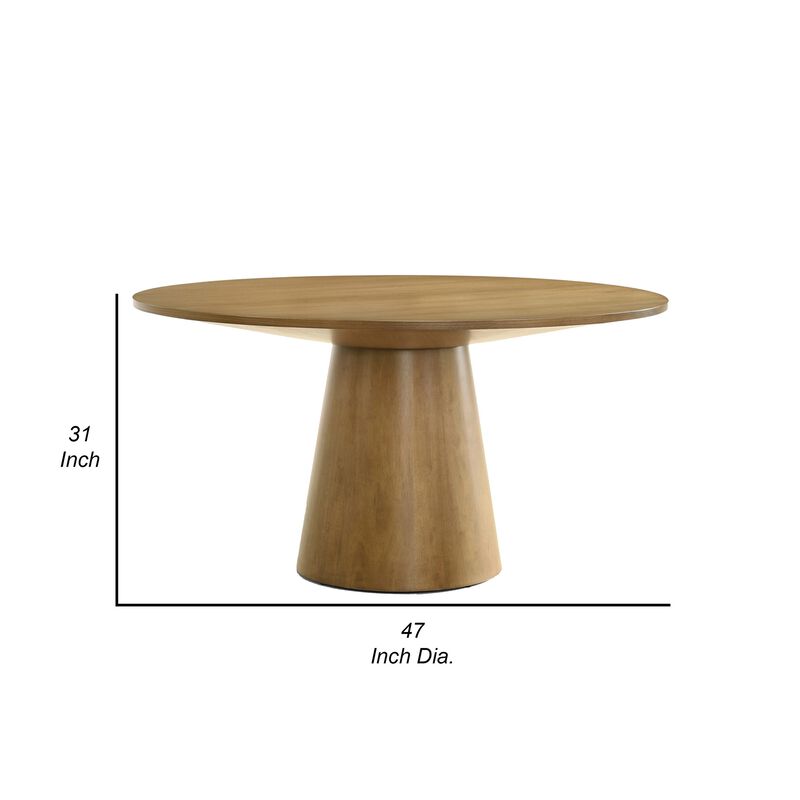 Yuvi 47 Inch Dining Table, Round Tabletop, Pedestal Base, Brown Finish image number 4
