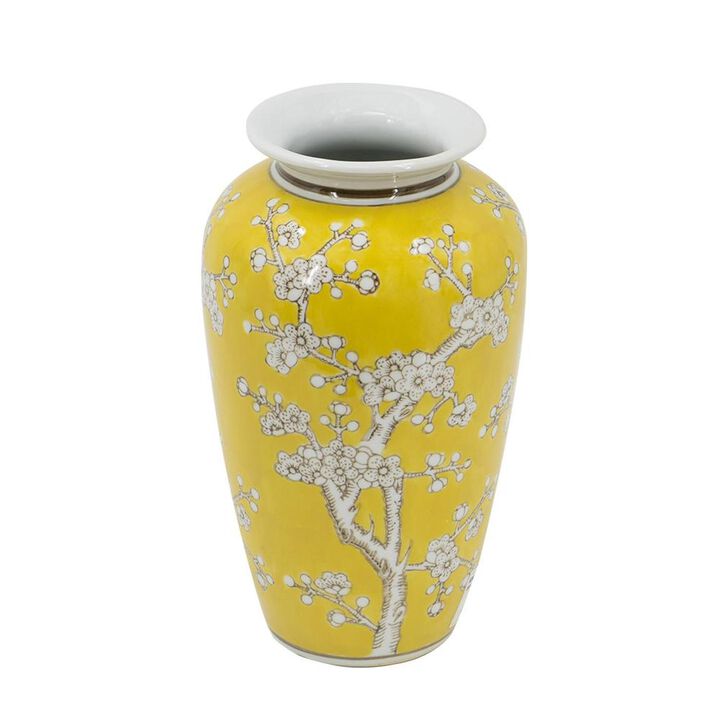 HomeRoots 11" White And Yellow Floral Porcelain Urn Table Vase