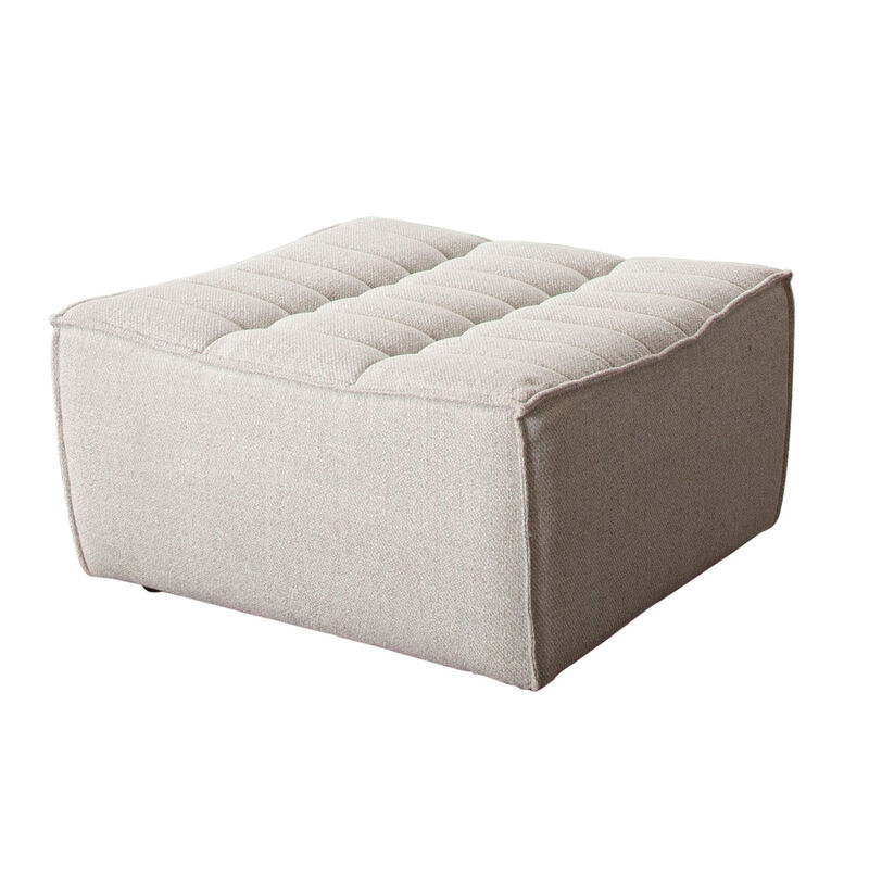 Ema Ottoman, Sand Beige Fabric, 31 Inch, Scooped Seat w Grid Tufting