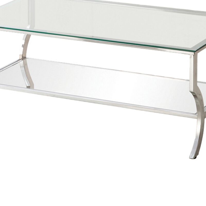 Glass Top Coffee Table with Metal Frame and Mirror Shelf, Chrome