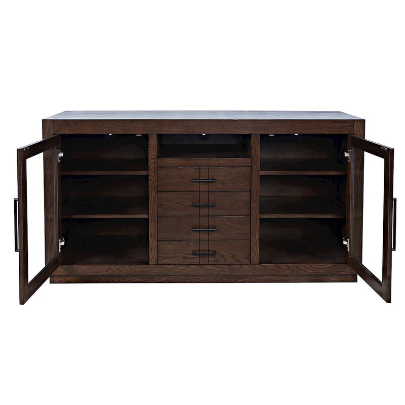 Jofran 50 Contemporary Media Console with Tempered Glass Doors, Drawers and Shelves