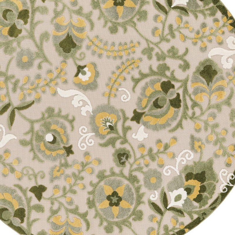 HomeRoots 8' Ivory Green And Yellow Round Floral Indoor Outdoor Area Rug image number 2