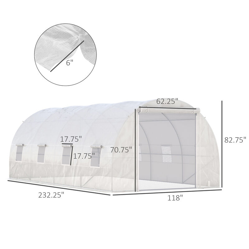 Outsunny 20' x 10' x 7' Walk-In Tunnel Greenhouse, Garden Warm House, Large Hot House Kit with 8 Roll-up Windows & Roll Up Door, Steel Frame, White
