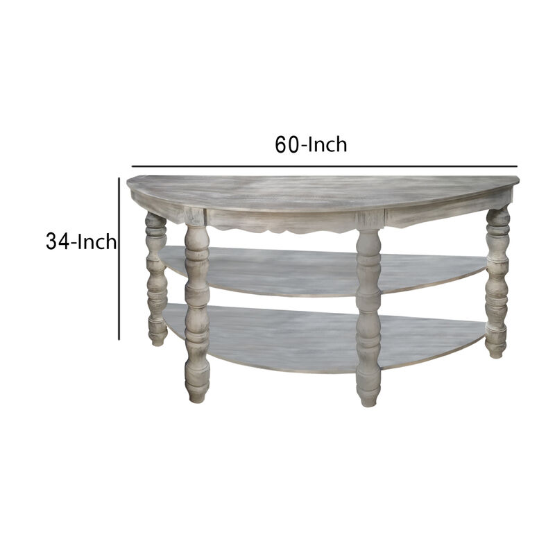 Half moon Shaped Wooden Console Table with 2 Shelves and Turned Legs, Gray image number 3