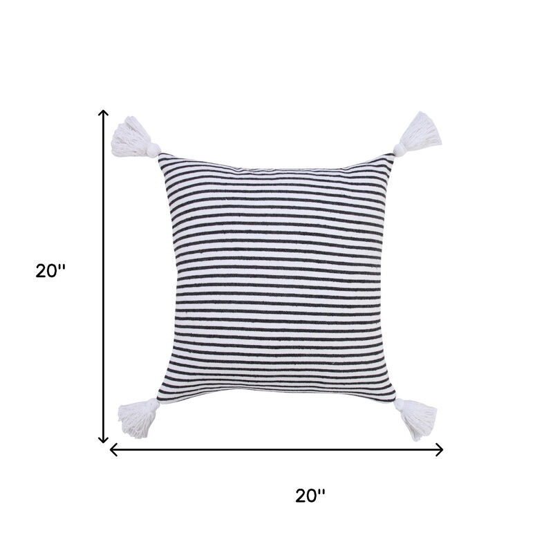 HomeRoots 20" Black And White Striped Cotton Throw Pillow Cover with Tassels image number 6