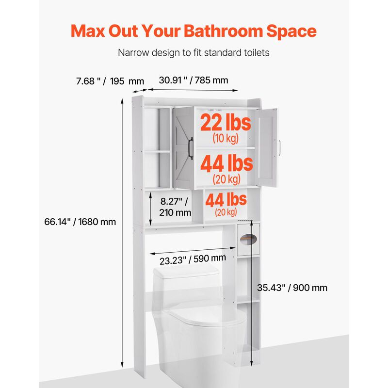 Bathroom Over Toilet Storage Organizer with Cabinet, Open Shelf and Adjustable Shelf-White image number 2