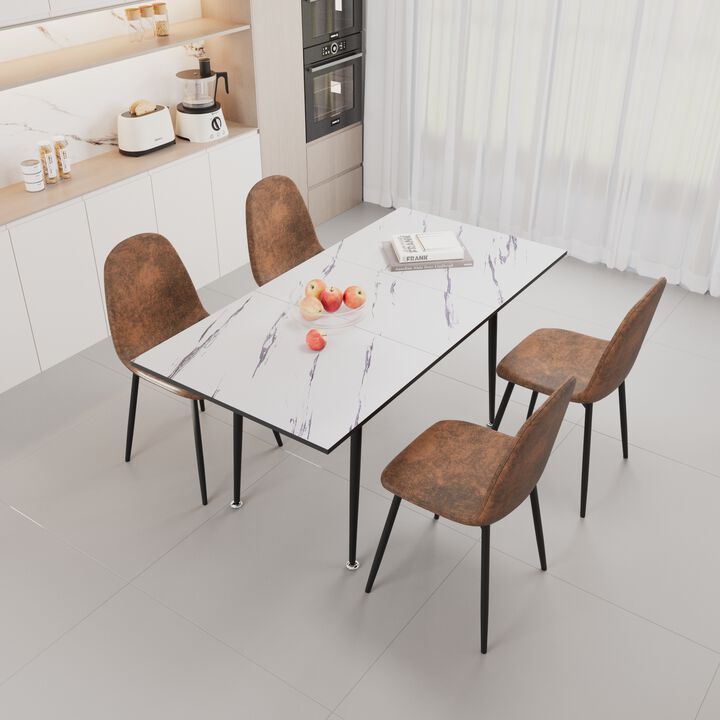 Dining Set with MDF Table, Metal Base and Four Suede Chairs