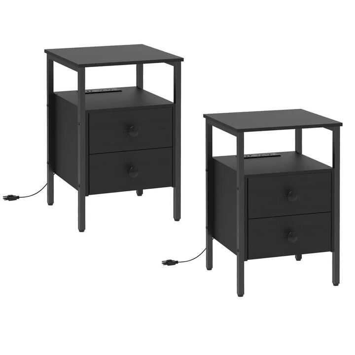 Bedroom Nightstand Set of 2 with Charging Outlets and Storage Drawers- Black