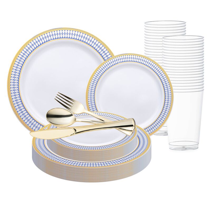 White with Blue and Gold Chord Rim Plastic Wedding Value Set (30 Sets) image number 0